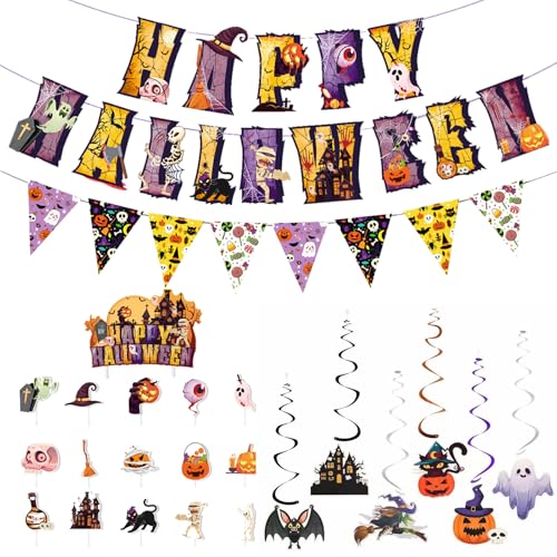 FOSDICK Halloween Deko Set Mit Girlande, Spiralen Und Cupcake Deko, Happy Halloween Dekoration Für Party Inne, Grusel Banner Mit Fledermäusen Und Kürbissen von FOSDICK
