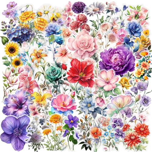 FOSFICK 100 Stück Aufkleber Blumen, Scrapbooking Aufkleber PET Transparente, Blumen Sticker Wasserfeste, Bunte Sticker Aesthetic, für Scrapbook Fotoalbum Sammelalbum Laptops Handwerk (100 Stile) von FOSDICK