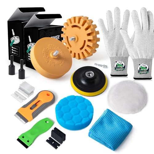 FOSHIO Aufkleber-Entferner, Rad-Werkzeug-Set, Stoff-Polierpad und Schwamm-Pads für Bohrer, Schaber-Werkzeug mit 10 Kunststoffklingen und 10 Metallklingen, Waffelreinigungstuch, Vinyl-Wickelhandschuhe von FOSHIO