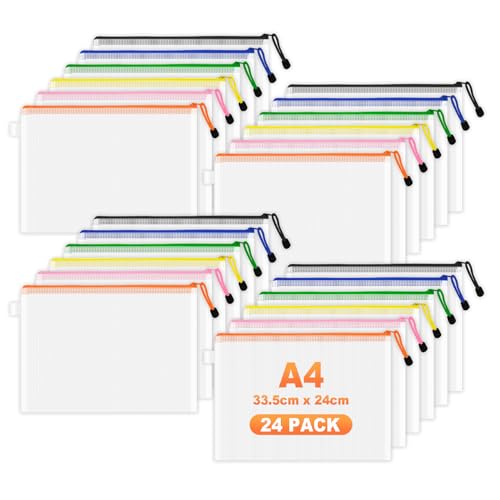 A4 Kunststoff-Dokumentenmappen, 24 Stück, wasserdichte Netztaschen mit Reißverschluss für Dokumente, Büro und Klassenzimmer, Reiseaufbewahrung A4 Kunststoff-Dokumentenmappen, 24 Stück, wasserdichte Netztaschen mit Reißverschluss für Dokumente, Büro und Klassenzimmer, Reiseaufbewahrung von FOSHISY