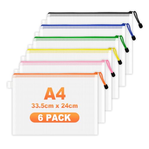 A4 Kunststoff-Dokumentenmappen, 6 Stück, wasserdichte Netztaschen mit Reißverschluss für Dokumente, Büro und Klassenzimmer, Reiseaufbewahrung A4 Kunststoff-Dokumentenmappen, 6 Stück, wasserdichte Netztaschen mit Reißverschluss für Dokumente, Büro und Klassenzimmer, Reiseaufbewahrung von FOSHISY