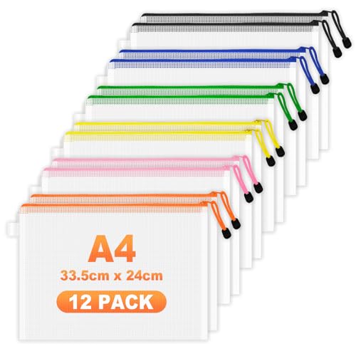A4 Kunststoff-Dokumentenmappen mit Reißverschluss, wasserdichte Netztaschen mit Reißverschluss für Dokumente, Büro und Klassenzimmer, Reiseaufbewahrung, 12 Stück A4 Kunststoff-Dokumentenmappen mit Reißverschluss, wasserdichte Netztaschen mit Reißverschluss für Dokumente, Büro und Klassenzimmer, Reiseaufbewahrung, 12 Stück von FOSHISY