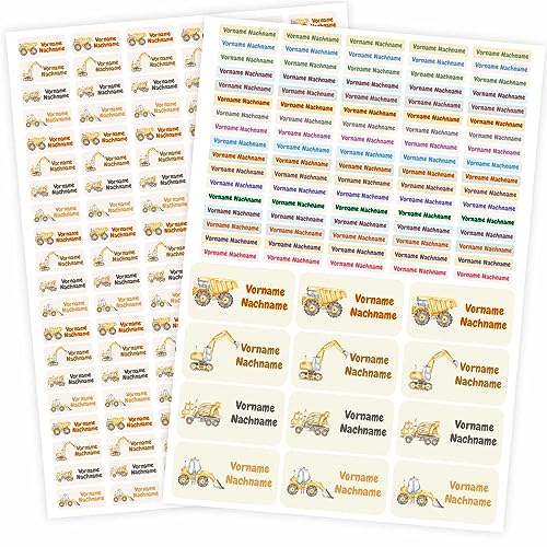 217 Stück personalisierte Namensaufkleber Set - mit Wunschname für Stifte und alle Schulsachen - Kinder Name Beschriftung Schule Kindergarten Kita Sticker (Baumaschinen) von FOTOFOL