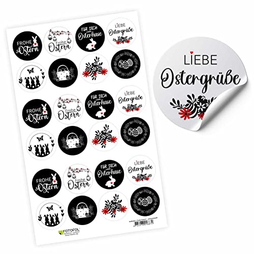 24 Aufkleber Frohe Ostern zum Basteln und Dekorieren - 4cm Runde Papieraufkleber Etiketten-selbstklebend Easter Sticker Ostermotive Osterhasen Geschenk Verpackung Ostergrüsse (Schwarz/Weiß) von FOTOFOL