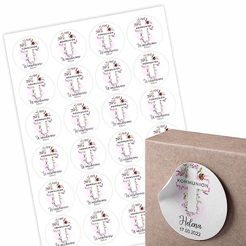 24 Stück Aufkleber zur Taufe - Personalisierte Aufkleber mit Namen und Datum für die Geschenke Ihrer Gäste - 4,5 cm Runde Papieraufkleber (Kommunion Kreuz Blumen) von FOTOFOL