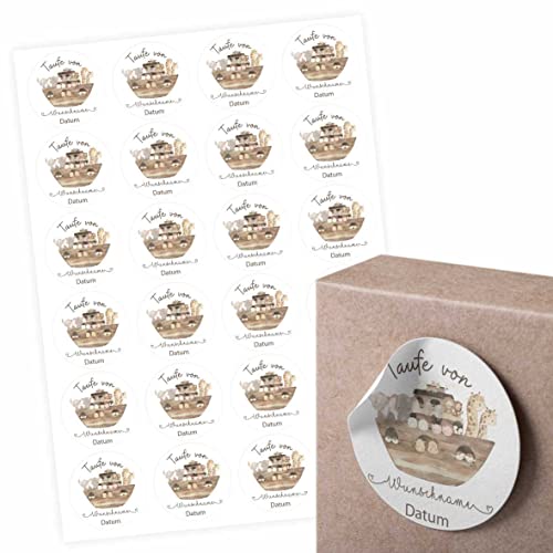 FOTOFOL 24 Stück Aufkleber zur Taufe - Personalisierte Aufkleber mit Namen und Datum für die Geschenke Ihrer Gäste - 4,5 cm Runde Papieraufkleber Etiketten (Arche) von FOTOFOL