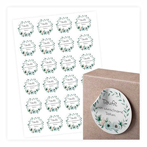 24 Stück Aufkleber zur Taufe - Personalisierte Aufkleber mit Namen und Datum für die Geschenke Ihrer Gäste - 4,5 cm Runde Papieraufkleber Etiketten (Blumen) von FOTOFOL