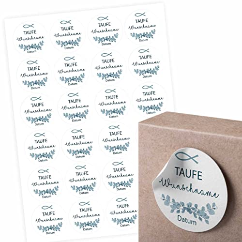 24 Stück Aufkleber zur Taufe - Personalisierte Aufkleber mit Namen und Datum für die Geschenke Ihrer Gäste - 4,5 cm Runde Papieraufkleber Etiketten (Fisch) von FOTOFOL