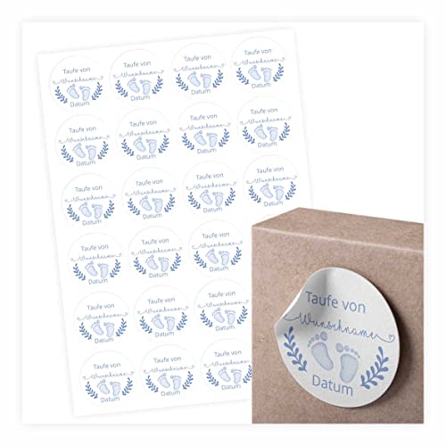 24 Stück Aufkleber zur Taufe - Personalisierte Aufkleber mit Namen und Datum für die Geschenke Ihrer Gäste - 4,5 cm Runde Papieraufkleber Etiketten (Junge) von FOTOFOL