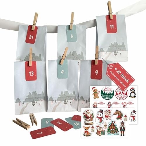 Adventskalender Set zum Basteln – 24 Geschenktüten (12 x 22 x 6 cm) mit Zahlen & Klammern, Weihnachtskalender Papiertüten zum Befüllen, Weihnachten Aufkleber – Ideal für Kinder und Erwachsene (Set S) von FOTOFOL