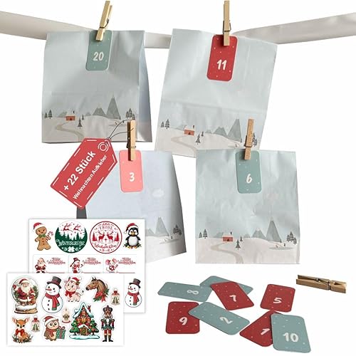 Adventskalender Set zum Basteln – 24 Geschenktüten (18 x 23 x 9 cm) mit Zahlen & Klammern, Weihnachtskalender Papiertüten zum Befüllen, Weihnachten Aufkleber – Ideal für Kinder und Erwachsene (Set M) von FOTOFOL