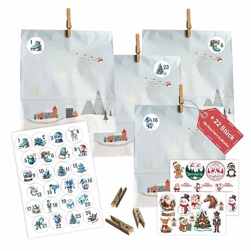 Adventskalender Set zum Basteln – 24 Geschenktüten (27 x 33 x 10 cm) mit Zahlen & Klammern, Weihnachtskalender Papiertüten zum Befüllen, Weihnachten Aufkleber – Ideal für Kinder und Erwachsene (Set L) von FOTOFOL
