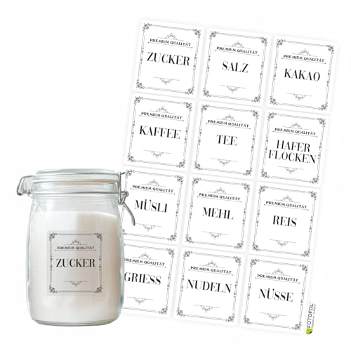 FOTOFOL transparente Aufkleber für Haushalt Küche - Aufkleber Vorratsdose in der Küche für mehr Ordnung - Aufkleber Zucker, Salz, Kakao, Kaffee, Tee, Mehl, Müsli, Nudeln (Style1 - schwarz) von FOTOFOL