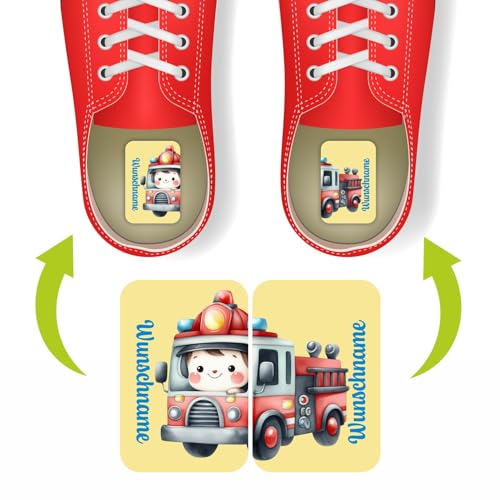 Namensaufkleber Set für Schuhe - individuell personalisierte Etiketten mit Wunschname -links rechts Aufkleber - Kinder Aufkleber mit Wunschtext für Schuhe (Feuerwehrmann) von FOTOFOL