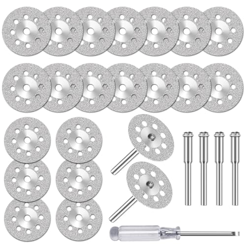 20 Stück Diamant Trennscheiben (22mm) für Dremel Rotationswerkzeug Zubehör, Mini Diamantscheibe mit 4 Stück 3 mm Dorn für Stein Glas Fliese von FOTYBEI