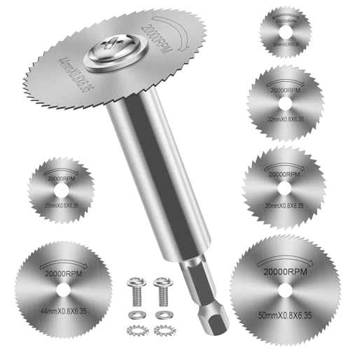 Sägeblatt Kreissägeblatt Set, 1/4" Sechskantschaft (100mm Langer Schaft) HSS Kreissägeblätter für Bohrmaschine, Mini Kreissägeblatt für Holz Kunststoff Metall - 7 Stück von FOTYBEI