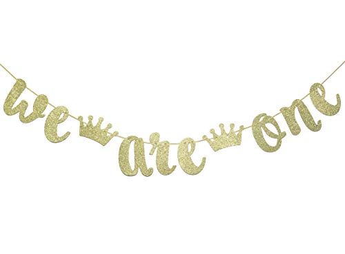 FOZEE We are one with Crown Gold Glitzer Banner für Zwillinge 1. Geburtstag Party Dekorationen (Gold) von FOZEE