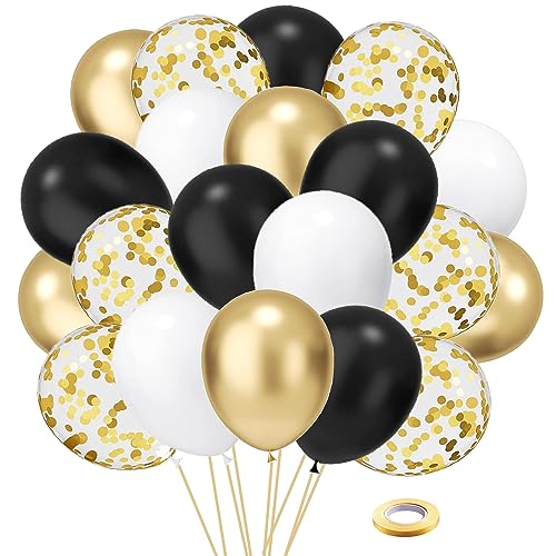 Luftballons Schwarz Gold Konfetti, 50 Stück 30 cm Weiß Latex Party Ballon Set mit Goldband für Geburtstag Baby Shower Dekorationen von FQZYLCH