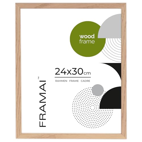 FRAMAI® Bilderrahmen, 24x30 cm, Eiche, Natur Holz Rahmen, Rahmen Echtholz Bilderrahmen, Rahmen mit Bruchsicheren Plexiglas, Aufhänger und Aufsteller von FRAMAI