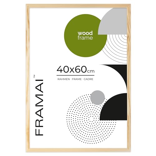 FRAMAI® Bilderrahmen 40x60 cm, Natürlich, Natur Holz Rahmen, Rahmen Echtholz Bilderrahmen, Rahmen mit Bruchsicheren Plexiglas, Aufhänger und Aufsteller von FRAMAI