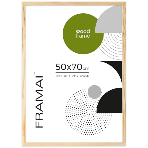 FRAMAI® Bilderrahmen 50x70 cm, Natürlich, Natur Holz Rahmen, Rahmen Echtholz Bilderrahmen, Rahmen mit Bruchsicheren Plexiglas, Aufhänger und Aufsteller von FRAMAI