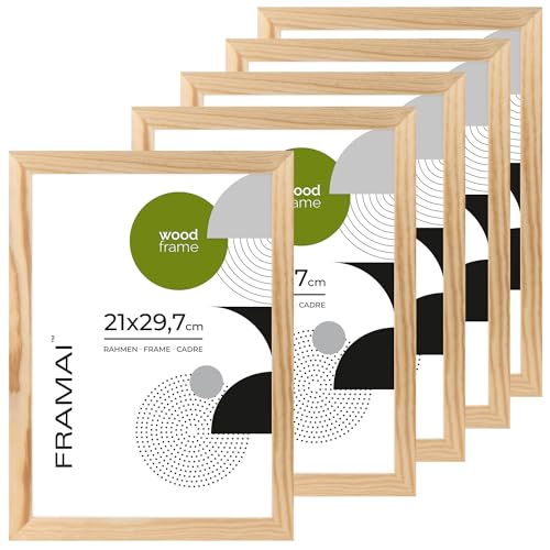 FRAMAI Bilderrahmen 21X29,7/5x, Natürlich, Natur Holz Rahmen, Rahmen Echtholz Bilderrahmen, Rahmen mit Bruchsicheren Plexiglas, Aufhänger und Aufsteller FRAMAI Bilderrahmen 21X29,7/5x, Natürlich, Natur Holz Rahmen, Rahmen Echtholz Bilderrahmen, Rahmen mit Bruchsicheren Plexiglas, Aufhänger und Aufsteller von FRAMAI