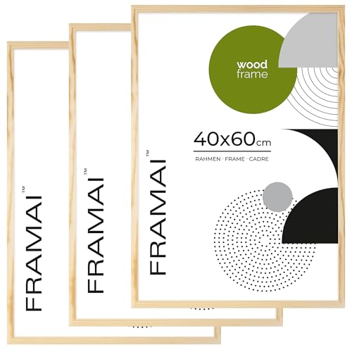 FRAMAI Bilderrahmen 40x60cm /x3, Natürlich, Natur Holz Rahmen, Rahmen Echtholz Bilderrahmen, Rahmen mit Bruchsicheren Plexiglas, Aufhänger und Aufsteller von FRAMAI