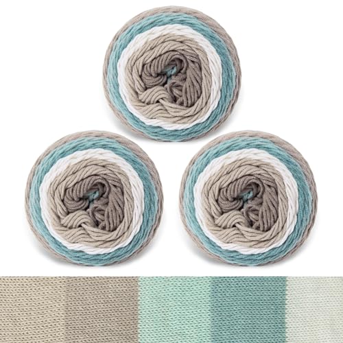 Franel Baumwoll-Acrylgarn, 45 % Baumwolle, 55 % Acryl, 3 × 100 g, erdig – Grün Flüster: Grau, Weiß, Hellblau – Grün, perfekt zum Häkeln, Stricken, Schals, Decken, Farbverlauf, buntes Garn von FRANEL