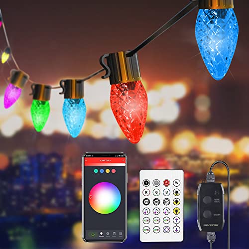 FRANKEVER Smart Außen Lichterkette, Bluetooth LED RGBIC C9 Glühbirnen, IP65 Wasserdicht, Fernbedienung und App-Steuerung, Spleißdesign 10m+5m 75 LEDs,20 Szenenmodi,4 Musikmodi,für Garten Balkon Party von FRANKEVER