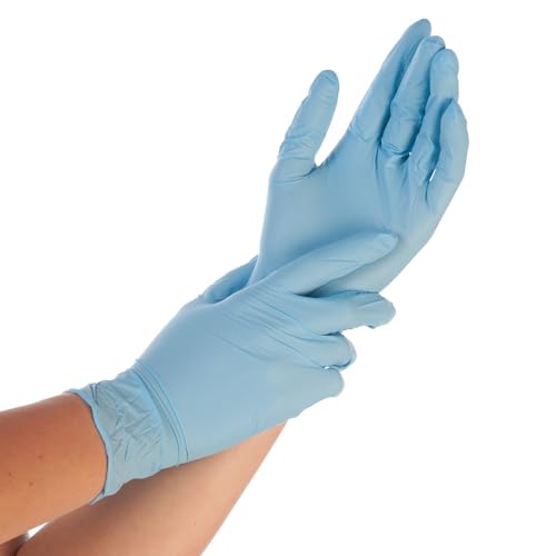 FRANZ MENSCH 100 Stück Hygostar Nitrilhandschuhe Safe Premium | puderfrei, Packung, blau, 7/S, L: 24cm, Spenderbox, Einmalhandschuhe, Einweghandschuhe, Nitrilhandschuhe von FRANZ MENSCH