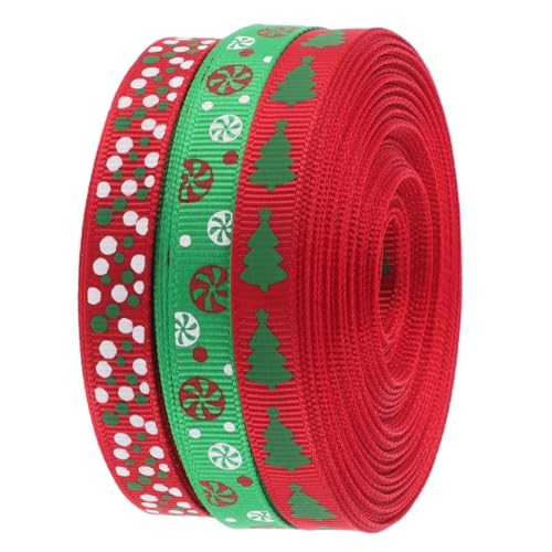 FRCOLOR 3 Rollen Weihnachtsband Grosgrain mit Festlichen Mustern Vielseitiges Geschenkband für Verpackung DIY Basteln Kränze und Dekorative Weihnachtsgestaltung Hochwertige Stoffbänder von FRCOLOR