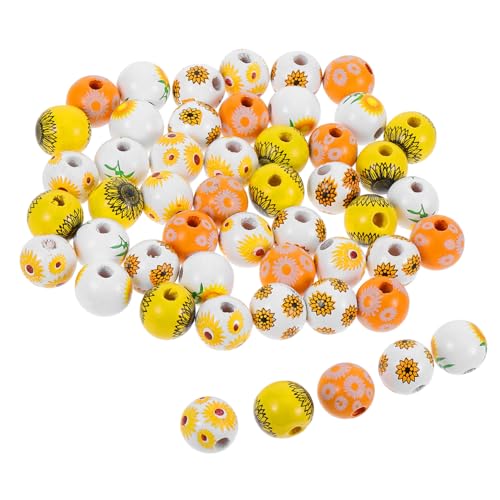 FRCOLOR 50 Stück Bunte Holzperlen mit Blumenmuster für DIY Schmuckherstellung Runde Bastelperlen für Armbänder und Girlanden Sicher und Langlebig von FRCOLOR