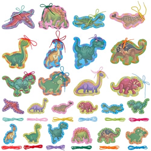 FREEBLOSS 12 Set Dinosaurier Schnürkarten Feine Einfädeln Schnürkarten für Schuhbinden Übungsaktivitäten Dinosaurier Karte Einfädelbrett DIY Kreatives Mini Nähkartenset von FREEBLOSS