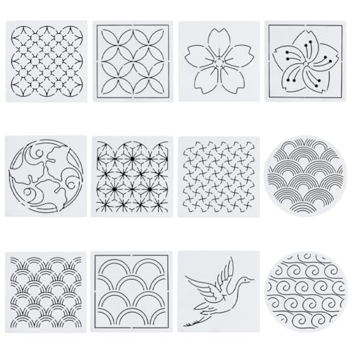 FREEBLOSS 12 Stück 5.5 x 5.5 Zoll Kunststoff Sashiko Schablonen, Zeichenschablonen, Stickmuster, 12 verschiedene Muster Im Japanischen Stil, Stickvorlagen Für Handquilten, 2.5 mm Dick FREEBLOSS 12 Stück 5.5 x 5.5 Zoll Kunststoff Sashiko Schablonen, Zeichenschablonen, Stickmuster, 12 verschiedene Muster Im Japanischen Stil, Stickvorlagen Für Handquilten, 2.5 mm Dick von FREEBLOSS