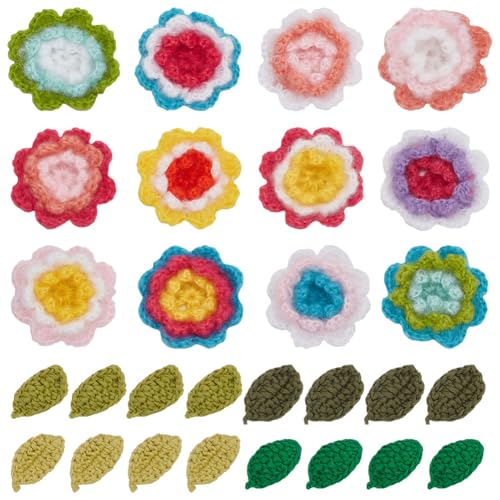 FREEBLOSS 12 Stück Häkel Blumen, 24 Stück Häkel Blätter, Handgefertigte Gehäkelte Blumenverzierungen Zum Aufnähen, Gestrickte Applikation von FREEBLOSS