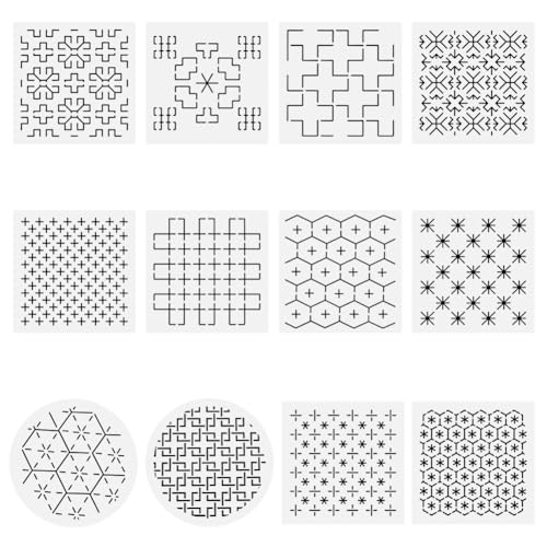 FREEBLOSS 12 Stück Sashiko PET Schablonen Sashiko Vorlage Pflanzenlinien Vorlage Zum Handquilten Japanische Mustervorlagen Stickschablonen 5.5 x 5.5'' von FREEBLOSS