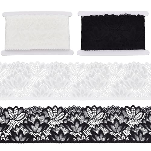 FREEBLOSS 12 Yards Stretch-Spitzenborte, 10,2 cm, Weiß und Schwarz, elastisches Spitzenband zum Nähen, dekorative Verzierungen und Verzierungen für Bastelarbeiten, Hochzeitsdekoration von FREEBLOSS