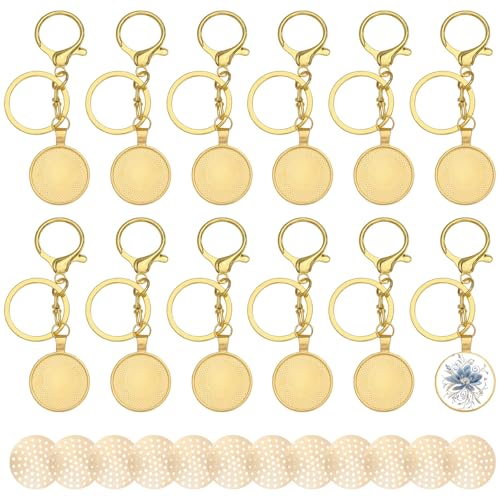 FREEBLOSS 12er-Set runde Lünetten-Anhänger-Tabletts, blanko, für Stickerei, runder Anhänger, Tablett, Charm, Schmuckherstellungs-Set für Schlüsselanhänger, Gold von FREEBLOSS