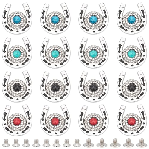 FREEBLOSS 16 STK Hufeisen Schraubknöpfe Mit Türkisfarbenem Edelstein Conchos Dekorative Knöpfe Dekorative Schnallen Für DIY Handwerk DIY Lederwaren Zubehör von FREEBLOSS