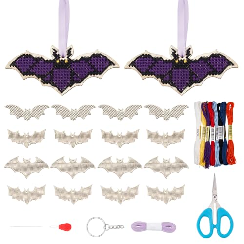 FREEBLOSS 16 Set Halloween-Fädelsets Aus Holz, Fledermaus, Kreuzstichset Aus Holz, Schlüsselanhänger, Kreuzstich Zum Aufhängen Für Schlüssel Und Tasche, Aktivität Zur Geistigen Entwicklung von FREEBLOSS