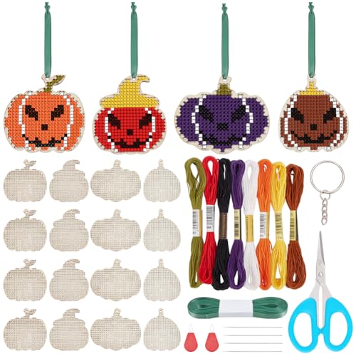 FREEBLOSS 16 Set Halloween-Fädelsets Aus Holz, Kürbis-Kreuzstichset Aus Holz, Schlüsselanhänger-Ornament,Kreuzstich Zum Aufhängen Für Schlüssel Und Tasche, Aktivität Zur Geistigen Entwicklung von FREEBLOSS