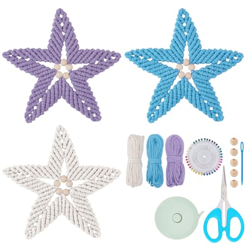 FREEBLOSS 3 Set DIY Makramee Schneeflocken Set, Makramee Weihnachtsschneeflocken Makramee Sets Für Erwachsene Und Anfänger Mit Anleitung, Komplettes Makramee Zubehör Set Inkl. 60 m Makramee Kordel von FREEBLOSS