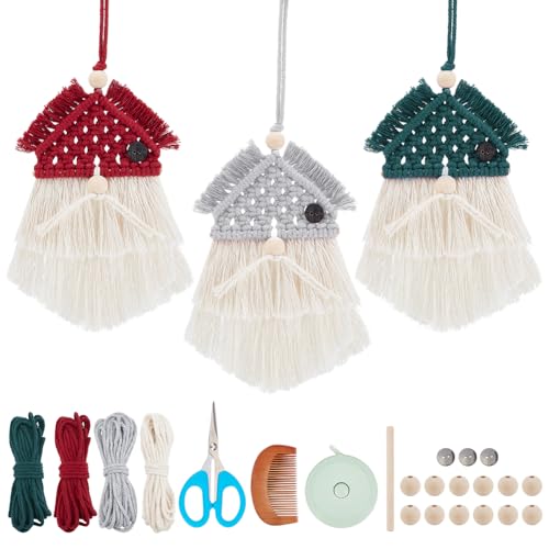 FREEBLOSS 3 Set DIY Makramee-Weihnachtswichtel-Set, Makramee-Weihnachtsmann Für Weihnachtsbaum-Dekor, Makramee-Set Für Anfänger Mit Anleitung, Makramee-Weihnachtsmann-Elfen-Set von FREEBLOSS