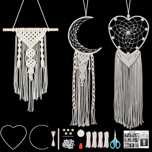 FREEBLOSS 3 Set Makramee Traumfänger Set, Boho Makramee Traumfänger, DIY Makramee Wandbehang Mit Video Tutorial, Boho Hochzeit, Party Dekoration, Zuhause, Baby, Kinderzimmer, Dekorationen von FREEBLOSS