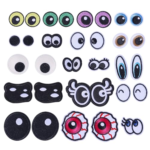 FREEBLOSS 36 Stück Augenaufnäher Stickerei Cartoon Augen Zum Aufbügeln 18 Stile Bestickte Aufnäher Augen Applikation Kostüm Zubehör Für Kleidung von FREEBLOSS