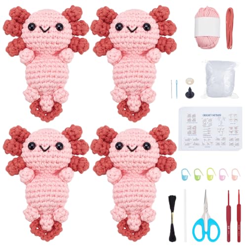 FREEBLOSS 4 SET Häkel Salamander Set Häkel Stofftier Set Salamander DIY Stofftier Garn Stricken Bastelbedarf Häkel Set Für Anfänger Mit Video Tutorial Häkel Starter Set von FREEBLOSS