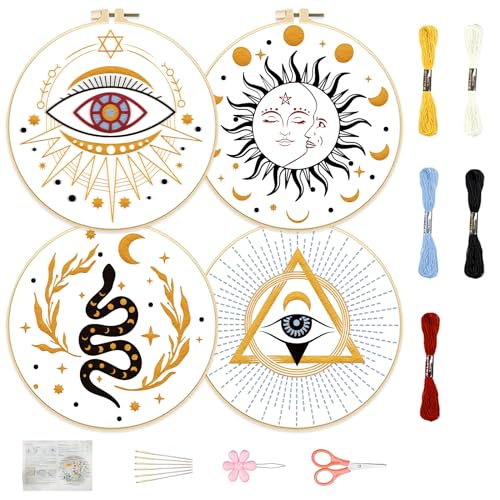 FREEBLOSS 4 Set 8'' Sticksets Für Anfänger, Stickset Mit Wahrsagemuster Und Anleitung, Komplettes Set Mit Sticktuch, 2 Stickrahmen, 5 Farben Stickgarn von FREEBLOSS