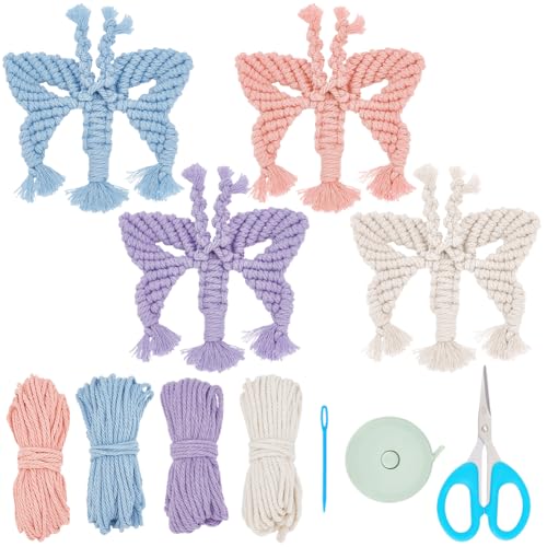 FREEBLOSS 4 Set DIY Makramee-Schmetterlings-Aufhängeset, 3D-Schmetterlings-Makramee-Hängeornament, Makramee-Set Für Anfänger Mit Video-Tutorials, Makramee-Set Für Erwachsene, Raumdekoration von FREEBLOSS