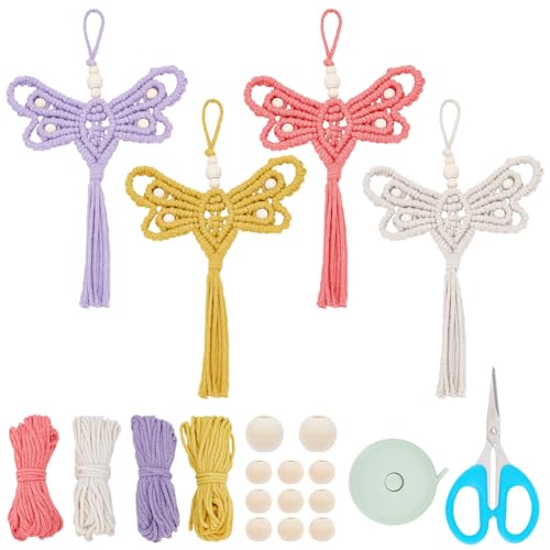 FREEBLOSS 4 Set DIY Makramee-Schmetterlings-Hängeornament, Holzperlen-Schmetterlings-Makramee-Kit Für Anfänger Mit Video-Tutorials, Makramee-Hängeornament, Makramee-Set Für Erwachsene von FREEBLOSS