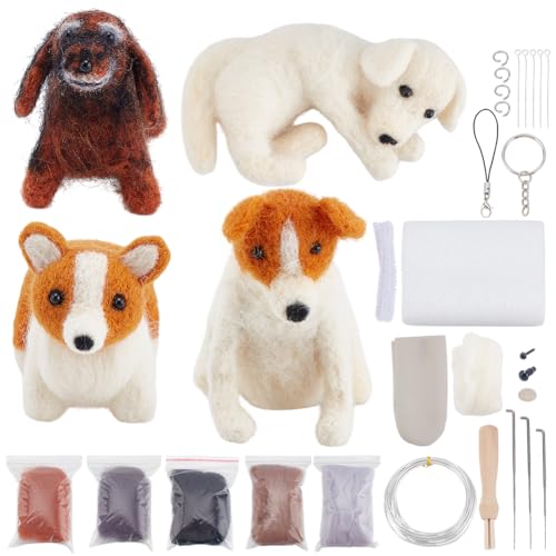 FREEBLOSS 4 Set Hund Nadel Filzen Kit Tiere Nadel Filzen Set Filz Hundeset Nadelfilz Schlüsselanhänger Set Nadelfilz Bastelprojekt Mit Anleitung Nadelfilzzubehör von FREEBLOSS